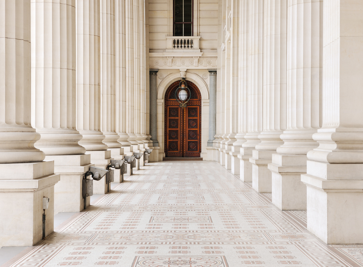 Classic columns of the Victorian Parliament building in Melbourne, Australia.