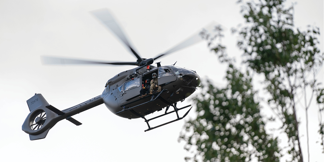 US Army National Guard Airbus UH-72B Lakota
hovers over a community on Sep. 30, 2024, near Black
Mountain, North Carolina, where the Swannanoa River,
swollen from rain from Hurricane Helene, reached a flood
stage of more than 27 ft. The severe flooding left residents
without power, water, or accessible roads. (Sean Rayford/
Getty Images)